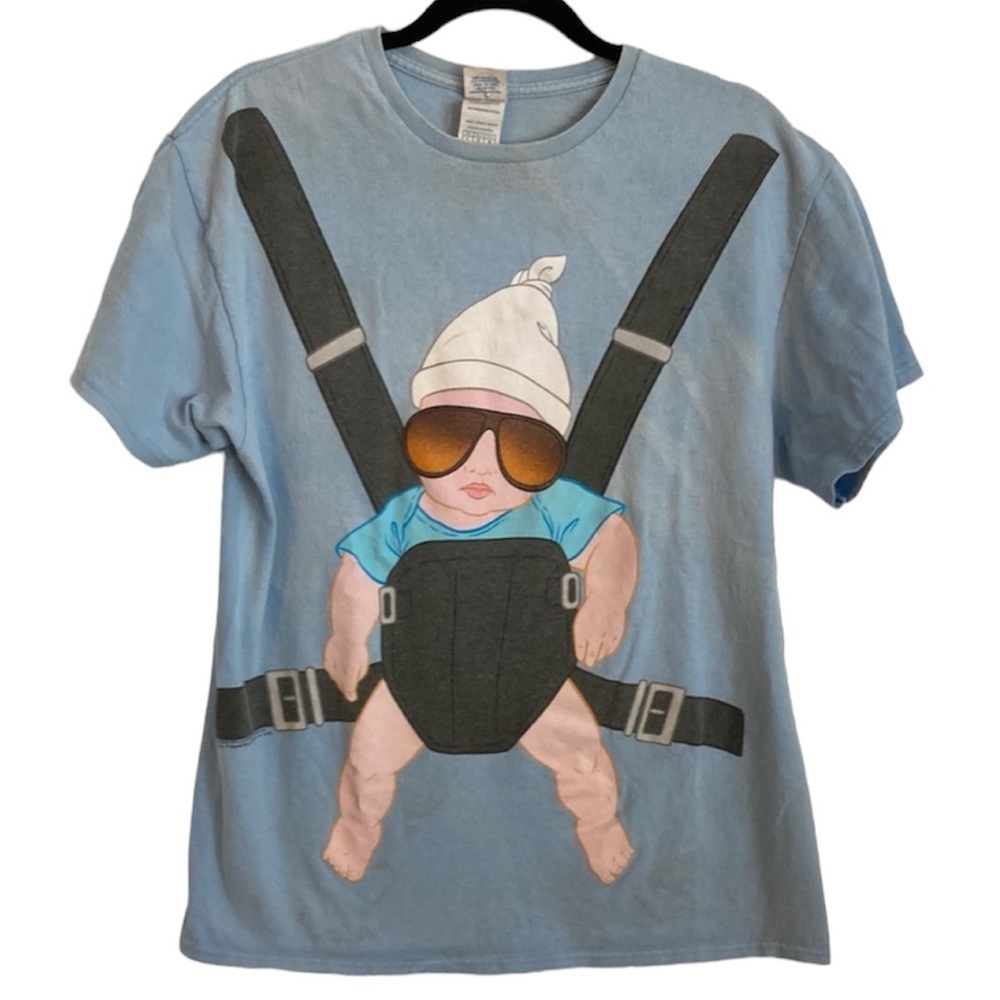 Hangover Baby Carrier Graphic T-shirt Large Blue - faded, stained